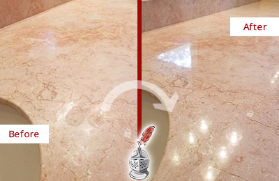 Sir Grout Seals this Lodi Marble Stone Vanity Top to to Avoid Water Marks Before and After Picture of a Lodi Marble Stone Vanity Top Sealed to Avoid Water Marks