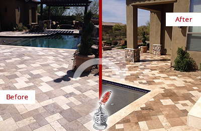 Sir Grout Seals the Stone of this Lodi Travertine Patio Stone for Extra Protection Before and After Picture of a Lodi Travertine Patio Sealed Stone for Extra Protection