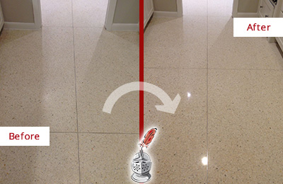Sir Grout Hones this Dull North Caldwell Granite Floor to Recover Its Sheen Before and After Picture of a Dull North Caldwell Granite Floor Honed to Recover Its Sheen