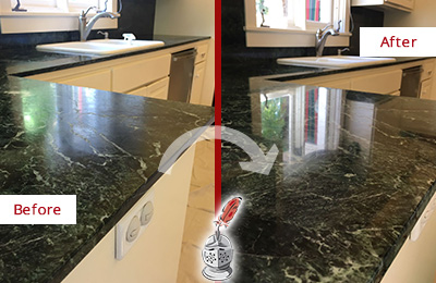 Sir Grout Hones this North Caldwell Marble Kitchen Countertop to Remove Water Marks Before and After Picture of a North Caldwell Marble Kitchen Countertop Honed to Remove Water Marks