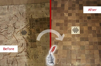 Sir Grout Hones this North Caldwell Marble Shower to Remove Etching Before and After Picture of a North Caldwell Marble Shower Honed to Remove Etching