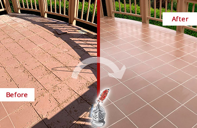 Before and After Picture of a Kearny Hard Surface Restoration Service on a Tiled Deck
