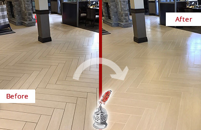 Sir Grout Restored This Dover Office Lobby Tile Floor to Remove Embedded Dirt Before and After Picture of a Dover Hard Surface Restoration Service on an Office Lobby Tile Floor to Remove Embedded Dirt