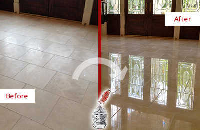 Sir Grout Restored This Dover Dull Travertine Floor to Recover Its Splendor with a Stone Polishing Service Before and After Picture of a Dover Hard Surface Restoration Service on a Dull Travertine Floor Polished to Recover Its Splendor