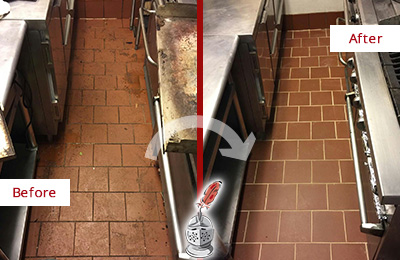 Before and After Picture of a Thiells Hard Surface Restoration Service on a Restaurant Kitchen Floor to Eliminate Soil and Grease Build-Up