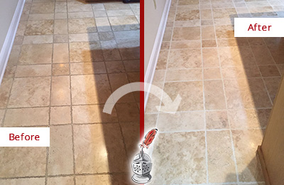 Sir Grout Cleans this Ridgefield Kitchen Floor's Grout to Recover Its Color Before and After Picture of Ridgefield Kitchen Floor Grout Cleaned to Recover Its Color