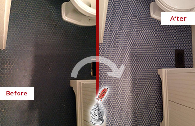 Sir Grout Recolors the Grout on this Boonton Township Blue Tile Floor Before and After Picture of a Boonton Township Blue Tile Floor Recolored Grout