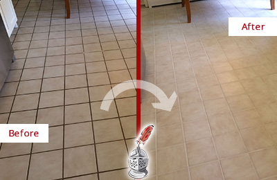 Sir Grout Recolors this Boonton Township Kitchen Tile Floor's Grout Before and After Picture of a Boonton Township Kitchen Tile Floor with Recolored Grout