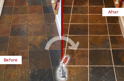 Sir Grout Recolors the Grout of this Boonton Township Slate Floor Before and After Picture of a Boonton Township Slate Floor Recolored Grout