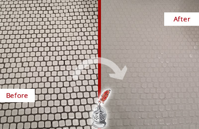 Sir Grout Recolors the Grout of this Boonton Township White Mosaic Tile Before and After Picture of a Boonton Township White Mosaic Tile Recolored Grout