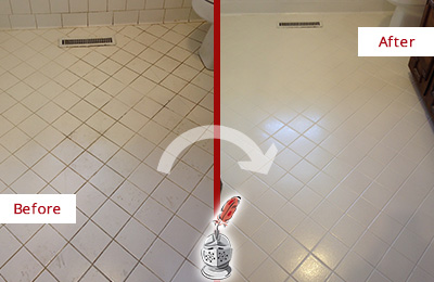Before and After Picture of a Plainfield White Bathroom Floor Grout Sealed for Extra Protection