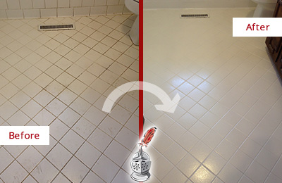 Sir Grout Seals the Grout of this Mendham Township White Bathroom Floor for Extra Protection Before and After Picture of a Mendham Township White Bathroom Floor Grout Sealed for Extra Protection
