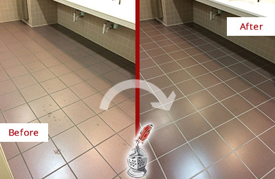 Sir Grout Seals the Grout on this Mendham Township Office Restroom to Refresh Its Look Before and After Picture of Dirty Mendham Township Office Restroom with Sealed Grout