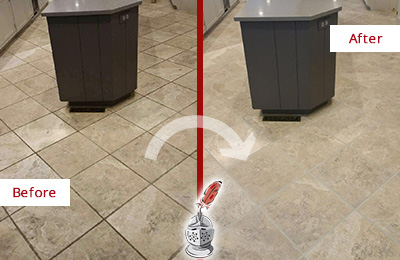 Sir Grout Seals this Stained Mendham Township Kitchen Floor Grout to Remove Stains Before and After Picture of a Mendham Township Kitchen Floor Grout Sealed to Remove Stains