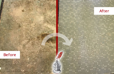Sir Grout Cleans this Park Ridge Mosaic Shower Cleaned to Eliminate Embedded Dirt Before and After Picture of a Park Ridge Mosaic Shower Cleaned to Eliminate Embedded Dirt